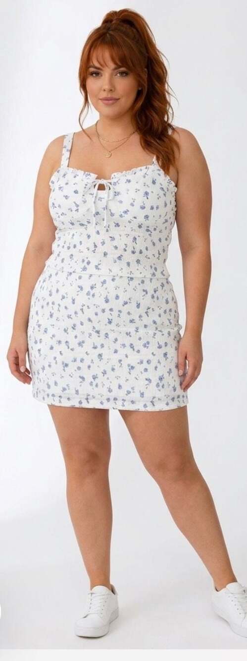 Xl white & blue floral lace crop tank and Mini Skirt Set (stretchy, lightweight)